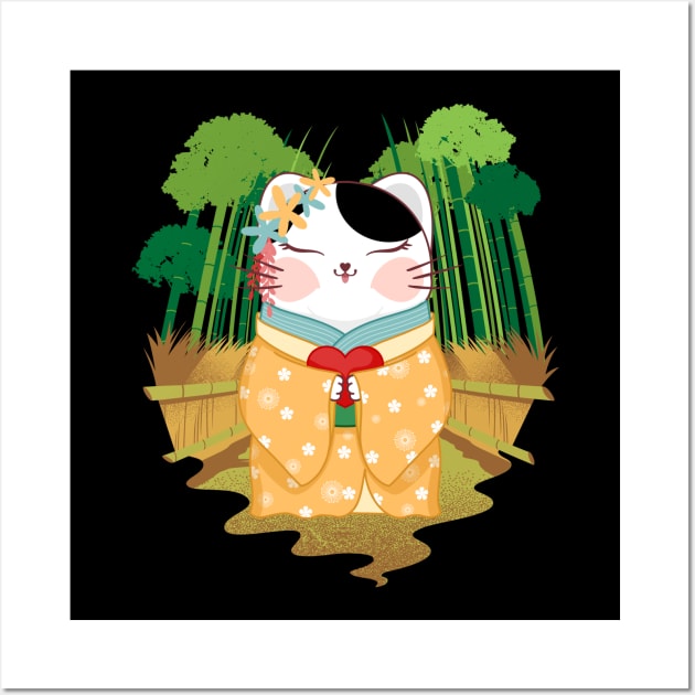 maneki neko Japanese Lucky Kimono Cat Wall Art by QuirkyWay